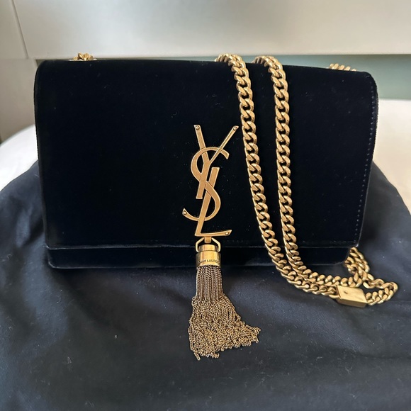 Saint Laurent - YSL Kate Black Textured Leather Gold Tassel Bag